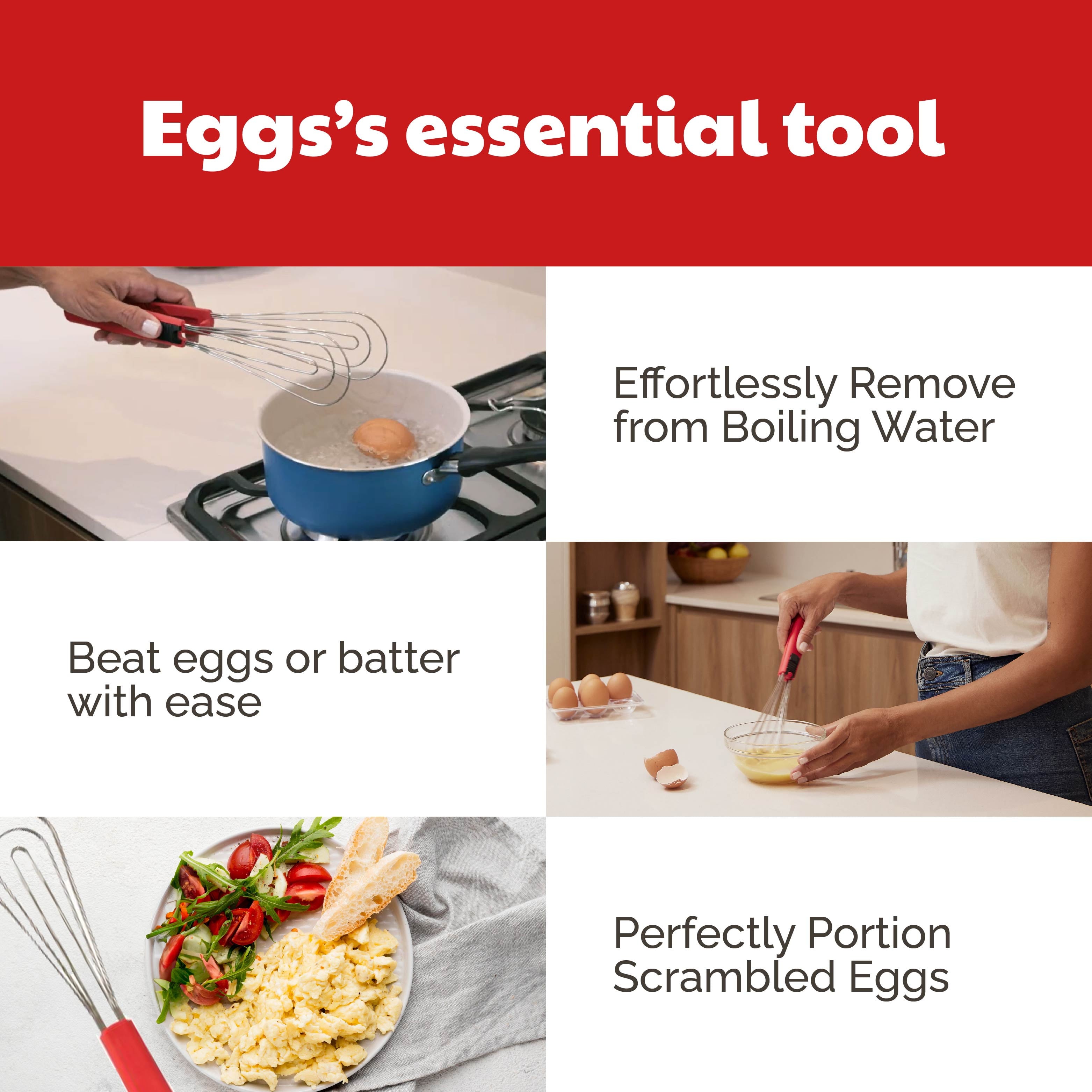 Foodie Tongs for Cooking - Dishwasher Safe 6-In-1 Kitchen Gadget - Red