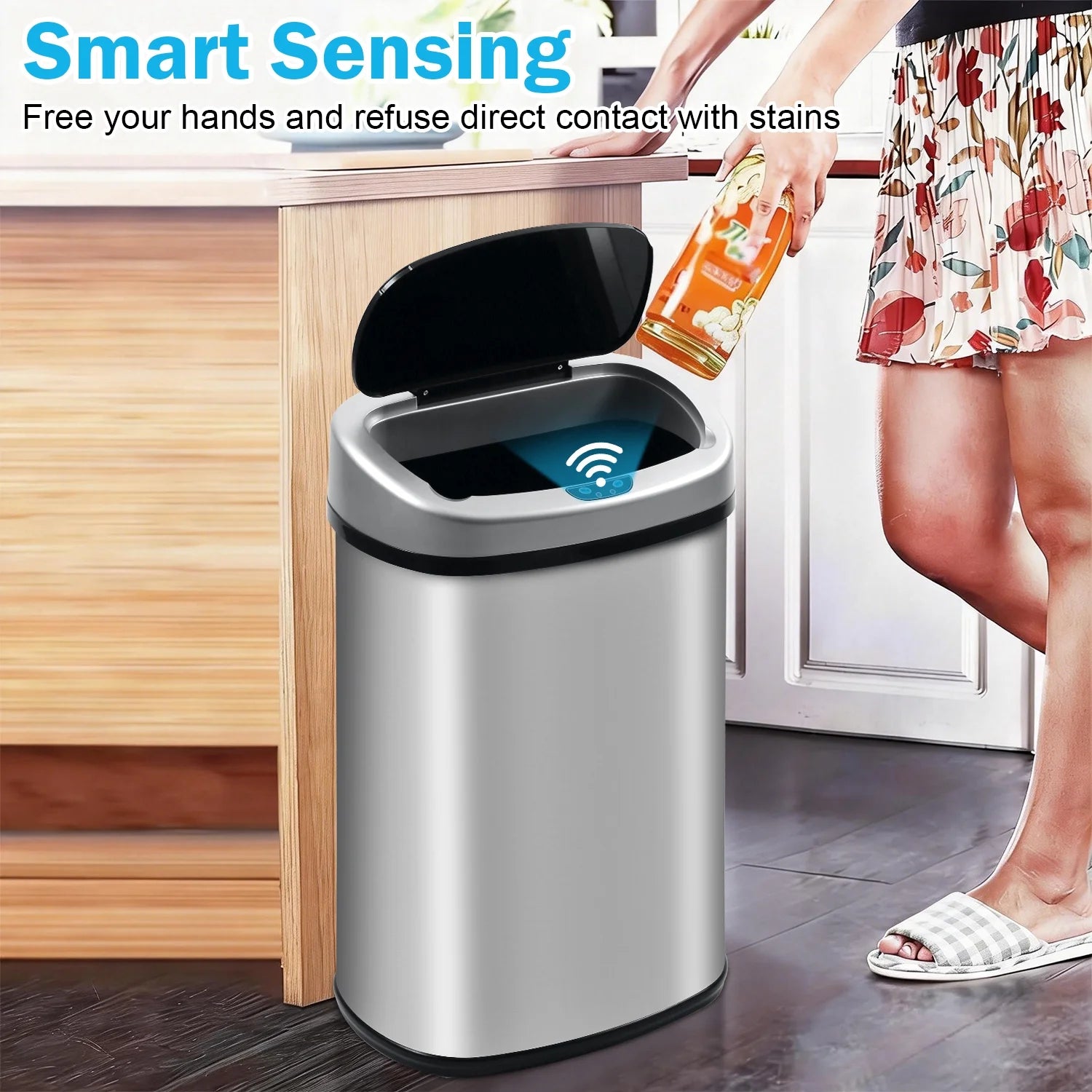 13 Gallon Kitchen Trash Can Automatic Stainless-Steel Garbage Can with Touch-Free & Motion Sensor, Anti-Fingerprint Mute Designed Brushed Waste Bin for Home, Silver