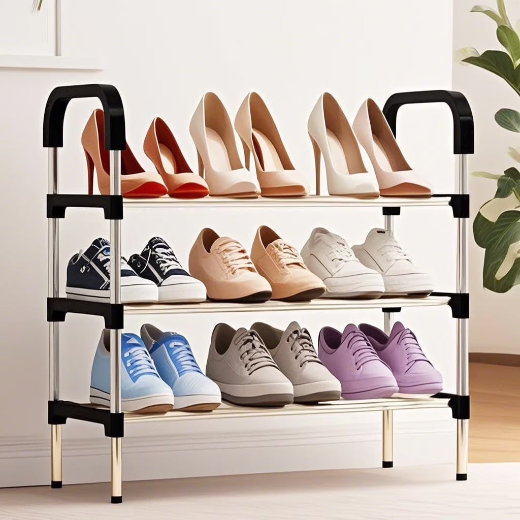 3 Tier Shoe Rack, Stackable Metal 9 Pairs Shoes Organizer Storage Shelf for Closet Door Entryway