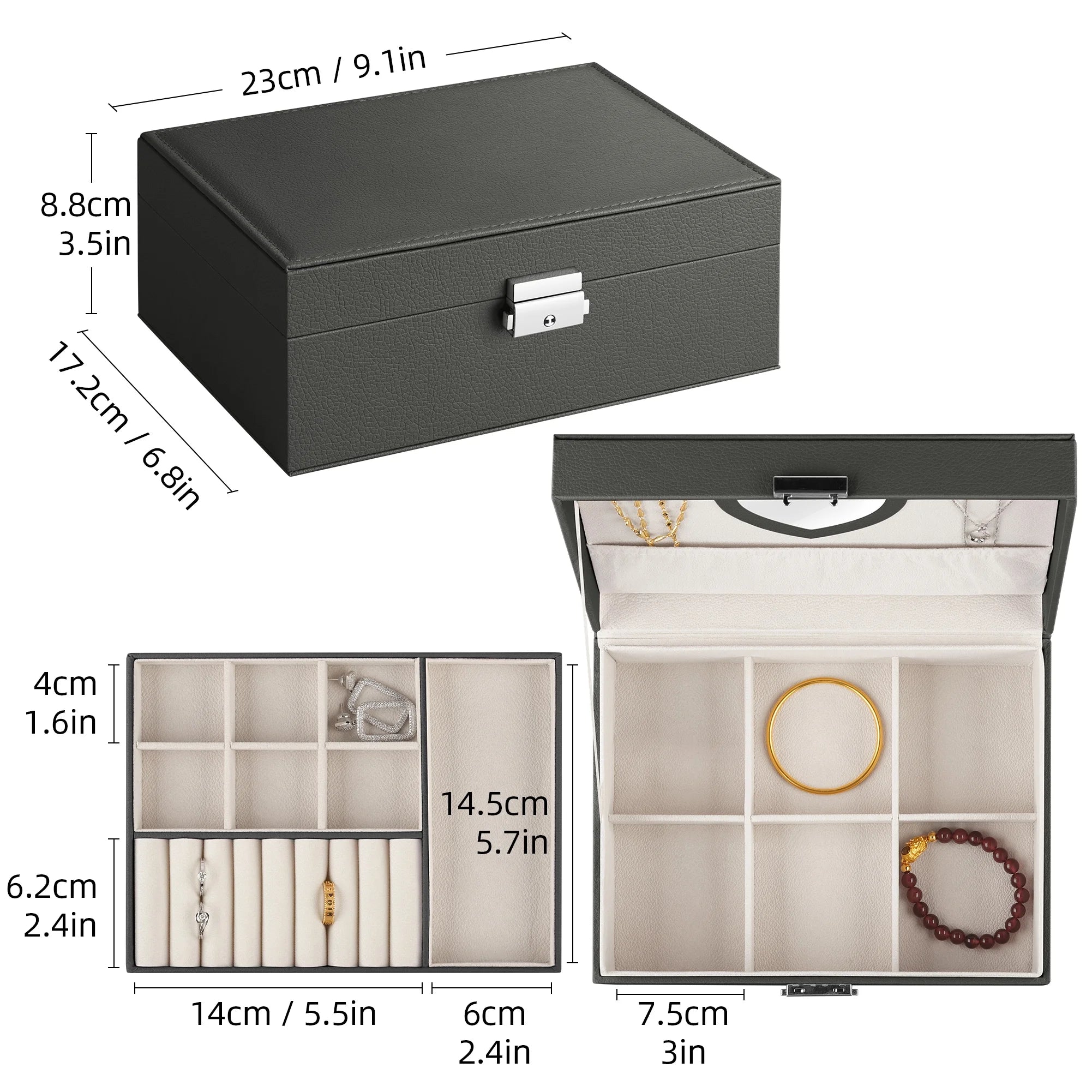 Portable Jewelry Box with Mirror for Women Girls Double Layer Display Storage Organizer Earrings Ring Necklace Watches Bracelets（Black）