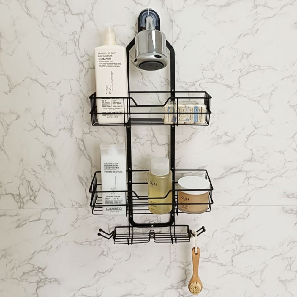 Over Head Shower Organizer, 3 Shelves Hanging Shower Caddy with Hooks, Bathroom Storage Rack for Razor Shampoo and Sponge, Rustproof, No Drilling, Black