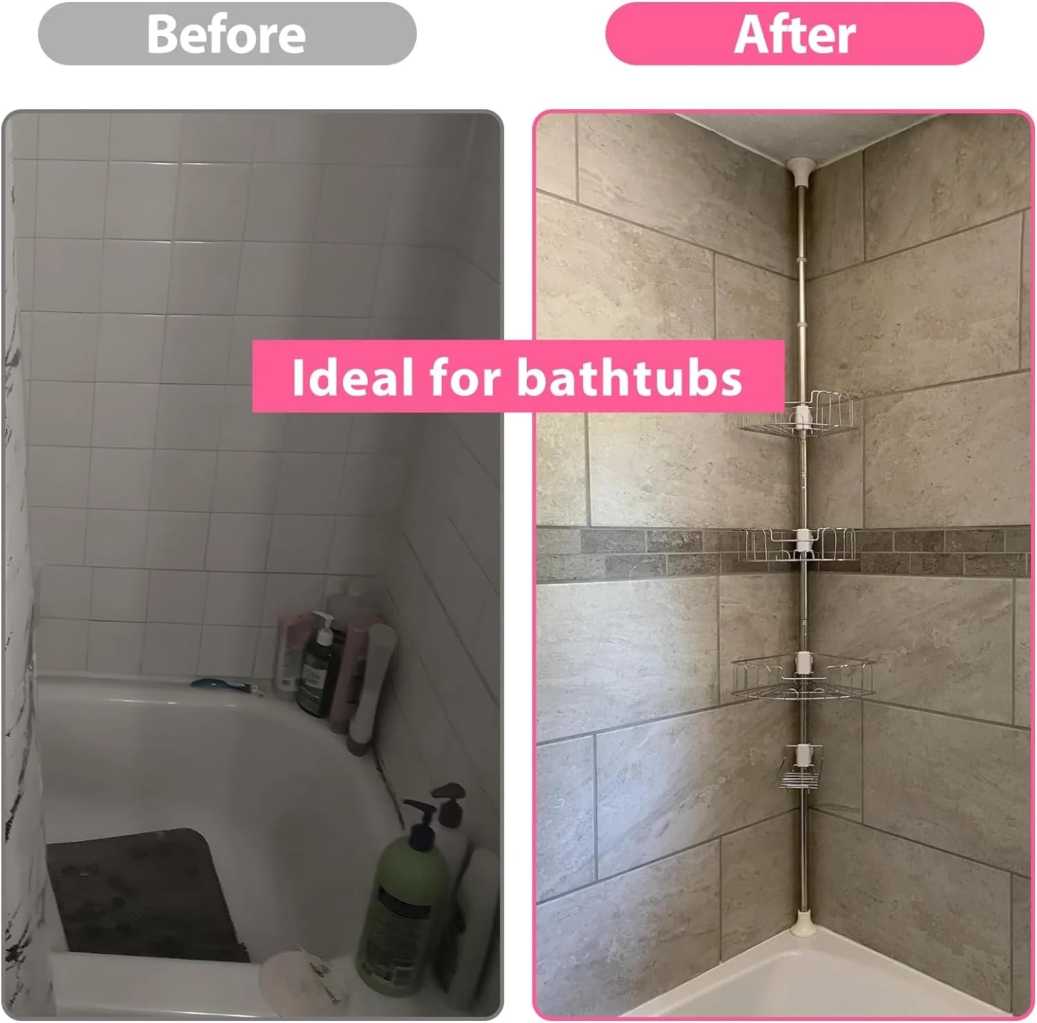 Shower Organizer Caddy 39-125" Stainless Steel Shower Shelves Rack for inside Shower Bathroom Bathtub Caddy Rustproof Tension Pole Silver