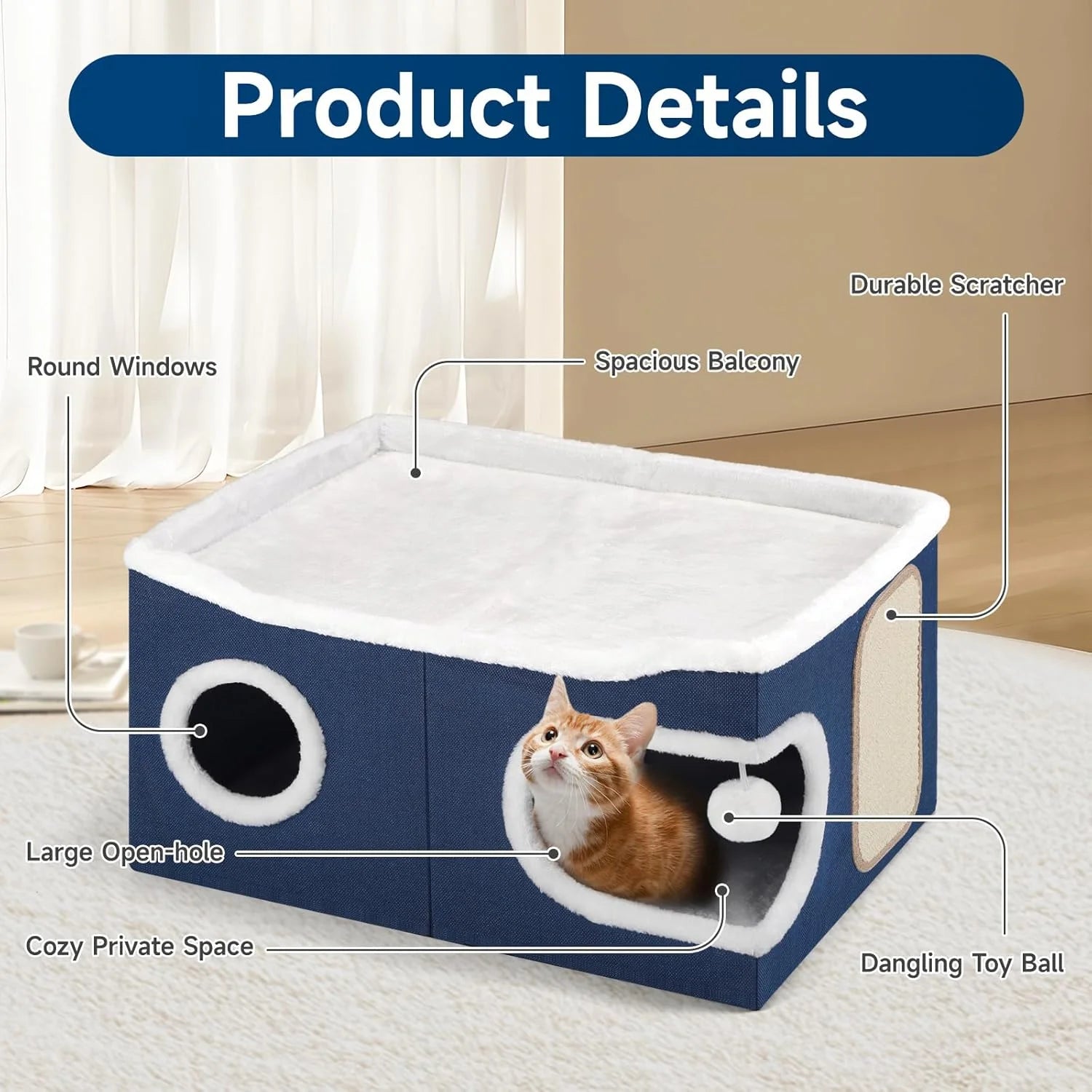 Cat Beds for Indoor Cats, Extra Wide Large Cat House for Pet Cat Cave with Scratch Pad and Fluffy Hanging Ball,Foldable Cat Cube Hideaway,Blue