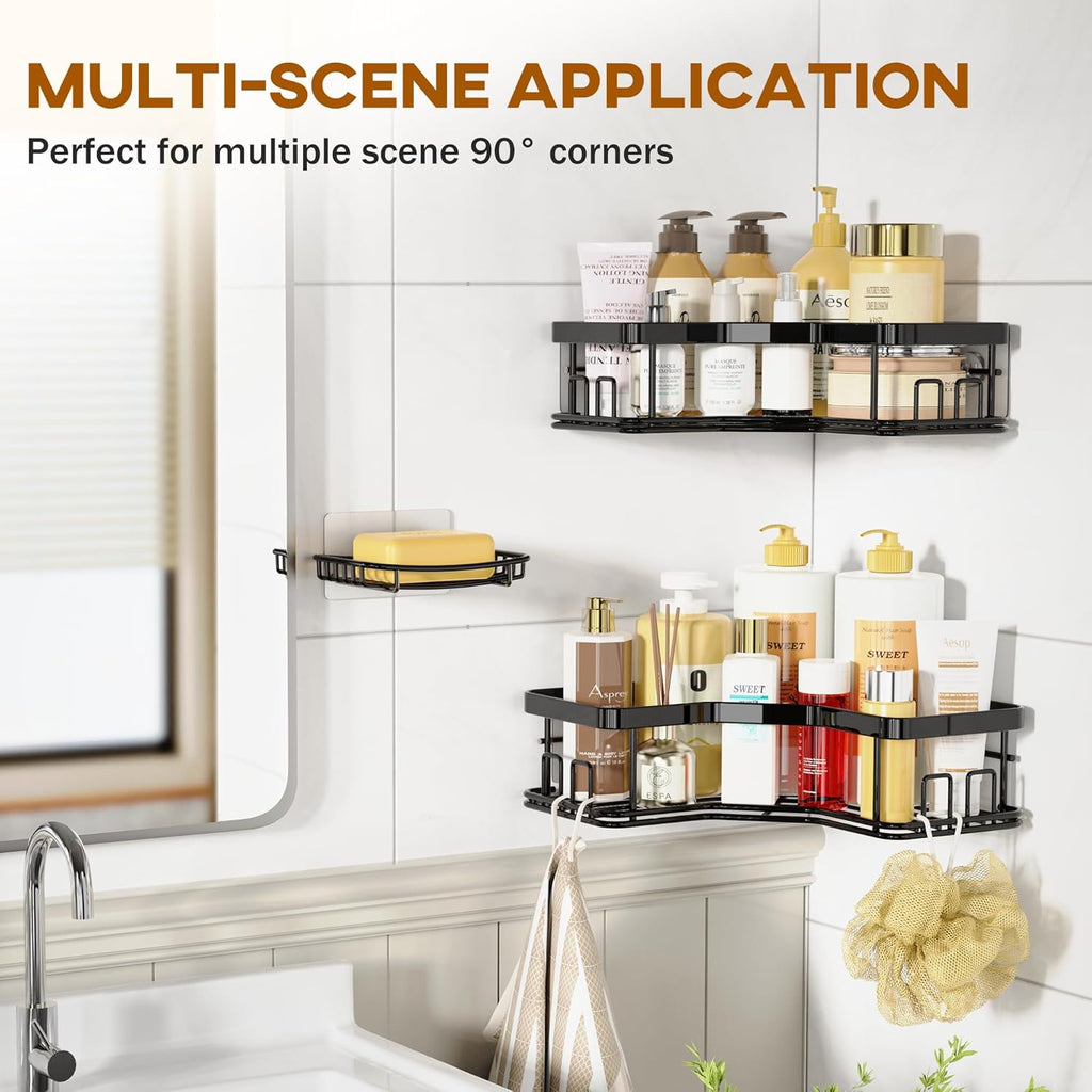 3 Pack Corner Shower Caddy with Soap Holder, Large Capacity Sturdy Easy Install No Drilling Stainless Steel Hold 40 LBS Shower Organizer Shelves Rack Storage for Family Renters Bathroom, Black