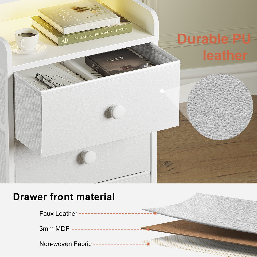 3 Drawers Nightstand with Charging Station, Bedside Table with LED Light, Modern End Side Table for Bedroom Living Room，White
