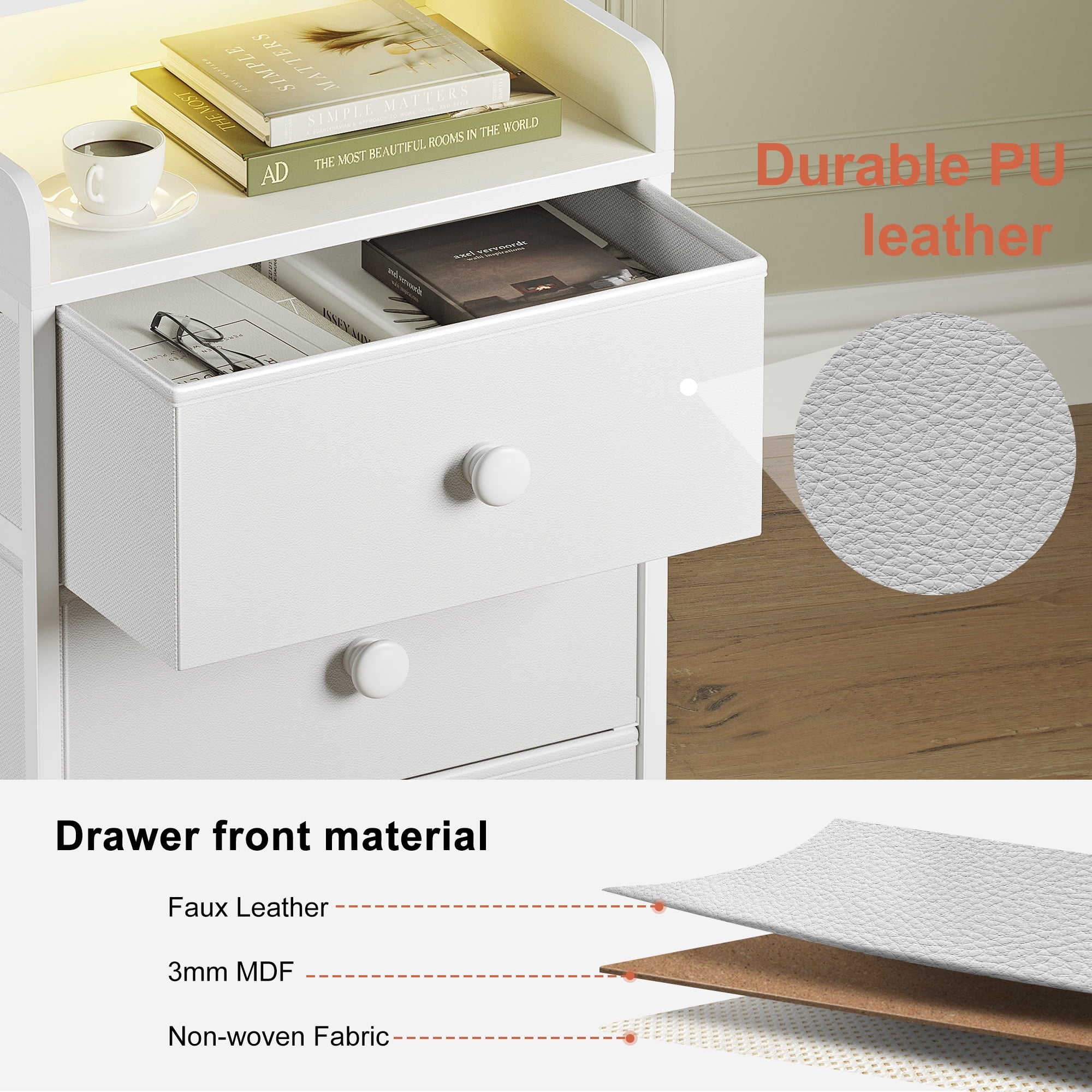 3 Drawers Nightstand with Charging Station, Bedside Table with LED Light, Modern End Side Table for Bedroom Living Room，White