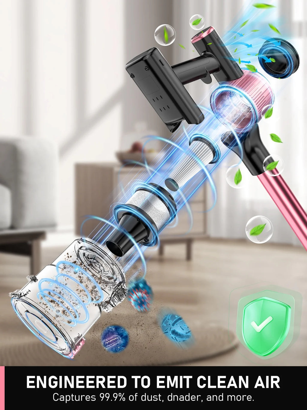 Cordless Vacuum Cleaner, 33Kpa 8 in 1 Lightweight Stick Vacuum, Anti-Tangle Brush with Green Light, 40Mins Runtime Rechargeable Vacuums for Hardwood Floor, Carpet, Pet Hair, Pink