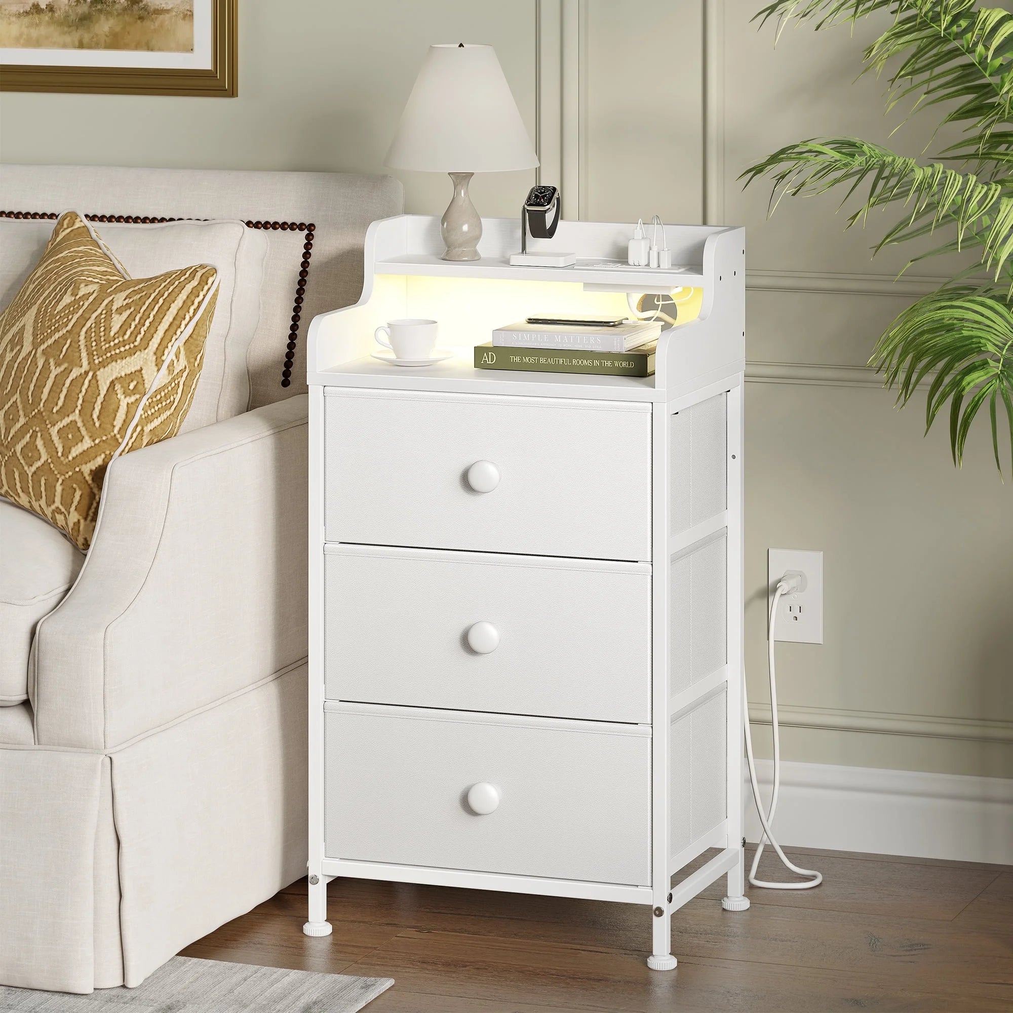3 Drawers Nightstand with Charging Station, Bedside Table with LED Light, Modern End Side Table for Bedroom Living Room，White