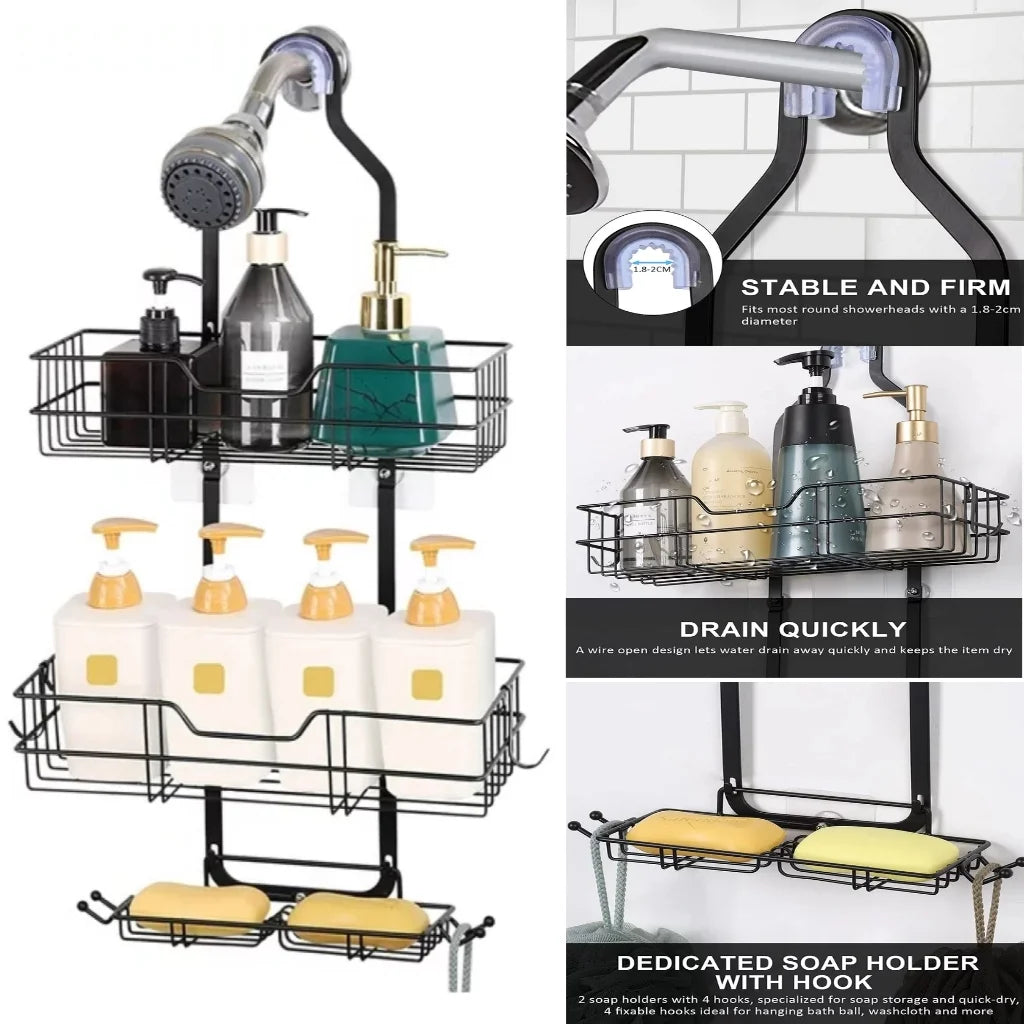 Over Head Shower Organizer, 3 Shelves Hanging Shower Caddy with Hooks, Bathroom Storage Rack for Razor Shampoo and Sponge, Rustproof, No Drilling, Black