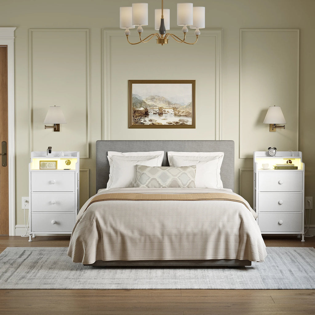 3 Drawers Nightstand with Charging Station, Bedside Table with LED Light, Modern End Side Table for Bedroom Living Room，White