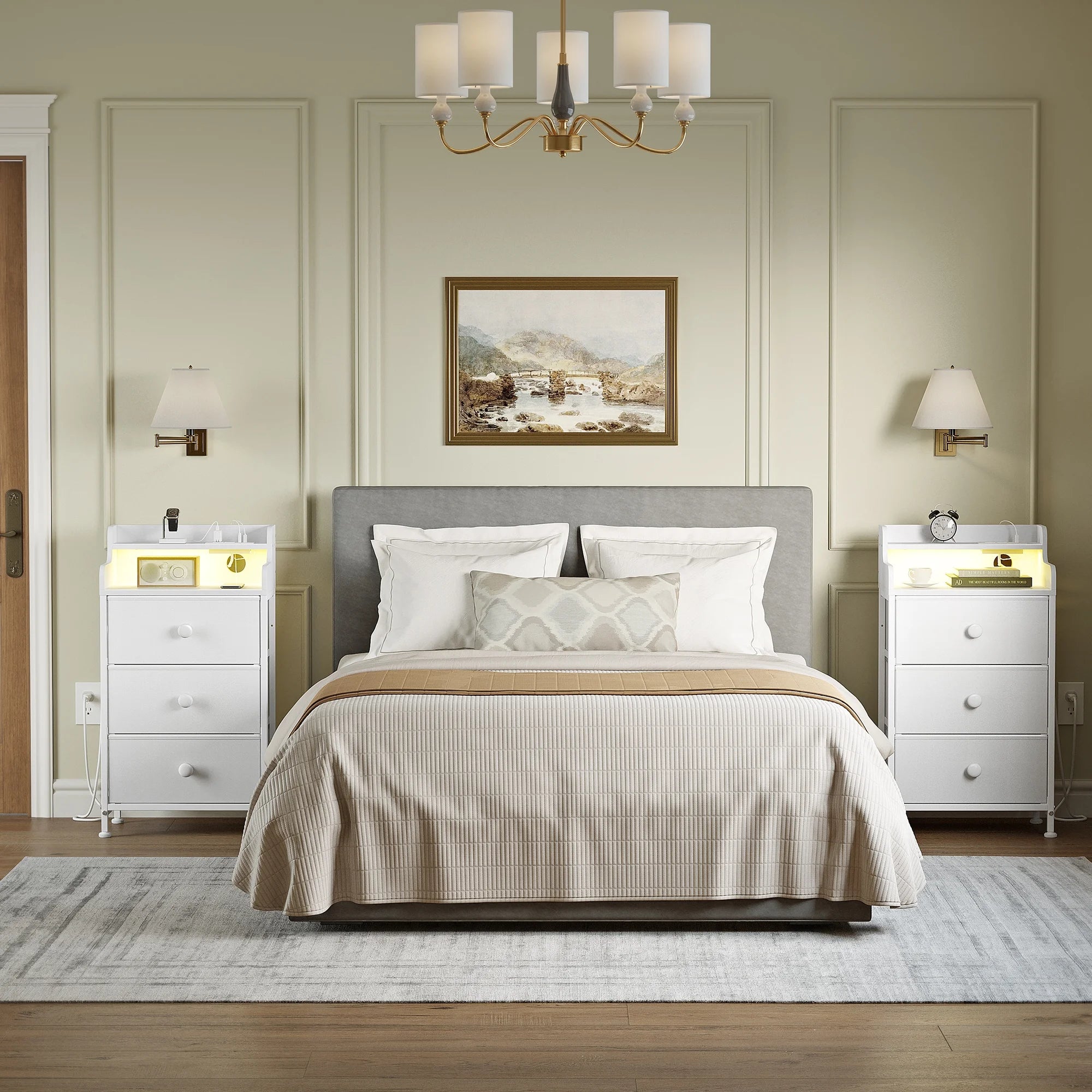 3 Drawers Nightstand with Charging Station, Bedside Table with LED Light, Modern End Side Table for Bedroom Living Room，White