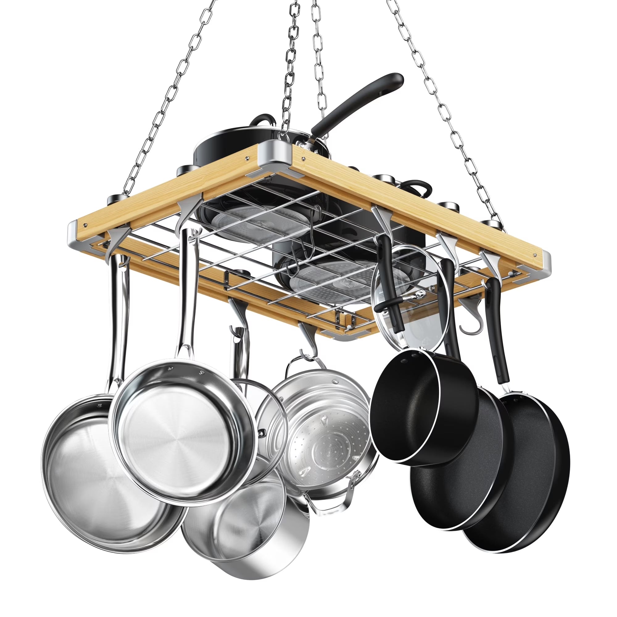 Ceiling Mounted Wooden Pot Rack with Metal Grate, Movable Tracks Type Hanging Pot Rack with Solid Cast Aluminum Swivel and Fixed Hooks Suitable for Heavy Duty Cookware, 24X18-Inch