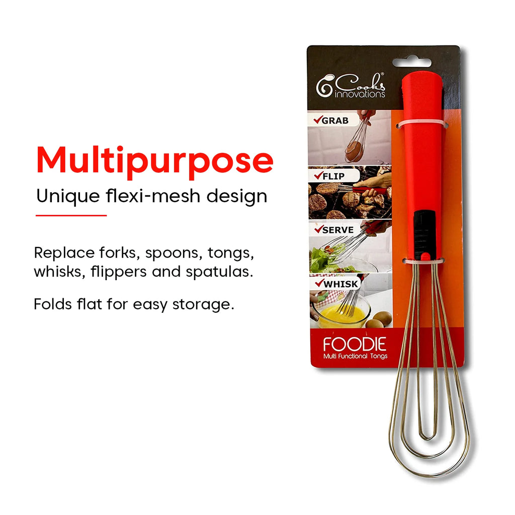 Foodie Tongs for Cooking - Dishwasher Safe 6-In-1 Kitchen Gadget - Red