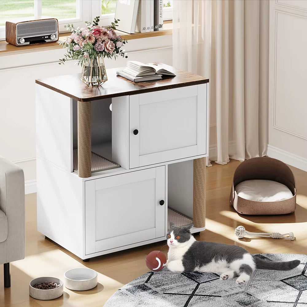 31.5'' 2 Tiered Cat Litter Box Enclosure Double Litterbox Furniture with Scratch Posts & Litter Mats Wood Cat Washroom