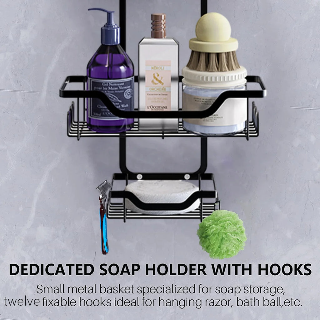 Anti-Swing Hanging Shower Caddy, over Head Shower Organizer Rustproof with Hooks for Towels, Sponge and More, Stainless Steel Black