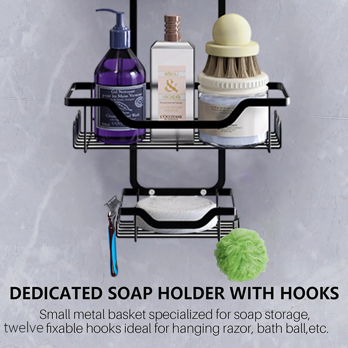 Anti-Swing Hanging Shower Caddy, over Head Shower Organizer Rustproof with Hooks for Towels, Sponge and More, Stainless Steel Black