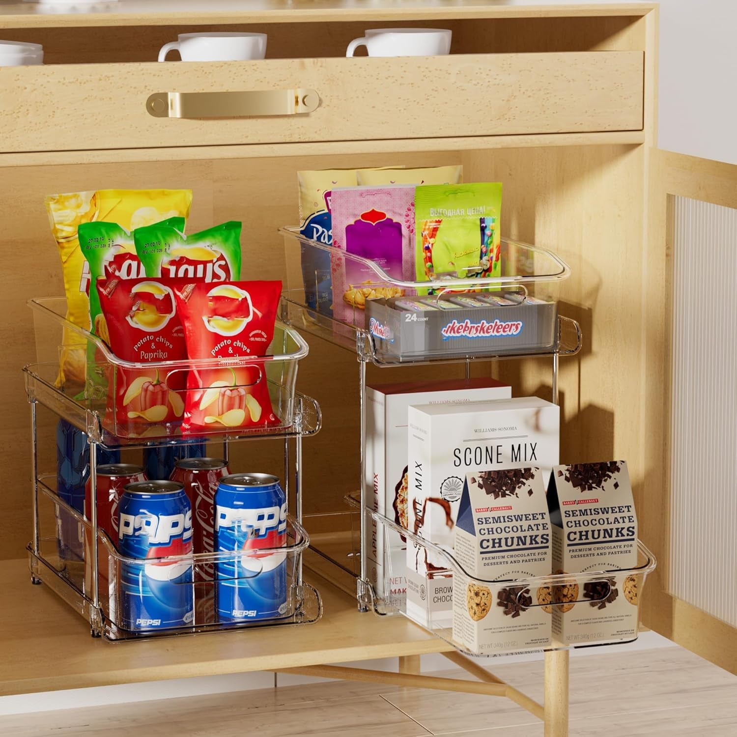 2-Tier under Sink Organizers and Storage, Multi-Purpose Stackable Bathroom Cabinet Organizers, Pull Out Kitchen Pantry Organization and Storage with Dividers(2 Pack, Clear)