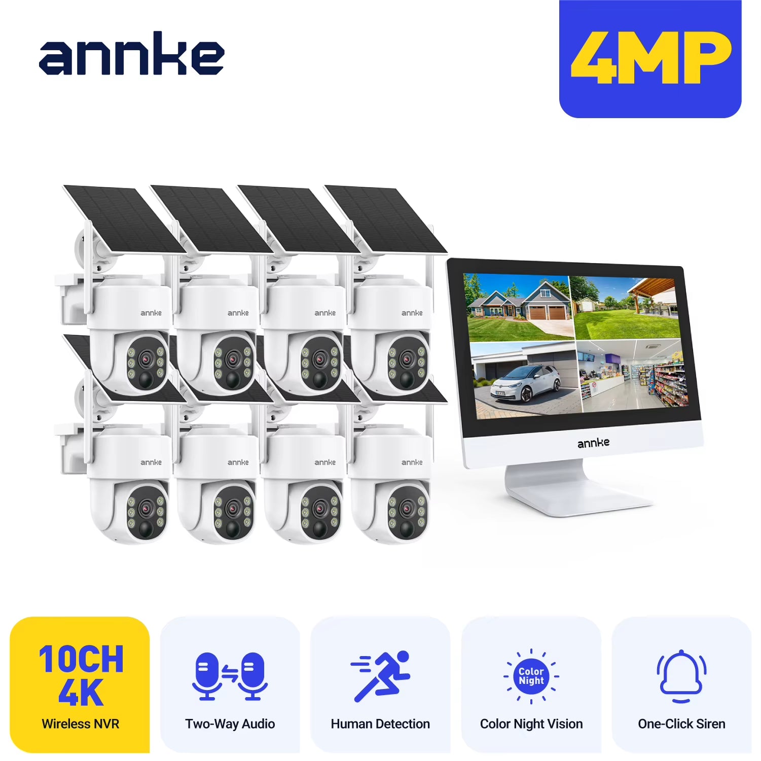 4MP Solar Security Cameras 10CH 12 in LCD 2.4G 5.8G PTZ Wifi Security Cameras PIR Color Night Vision Camera Security Wifi