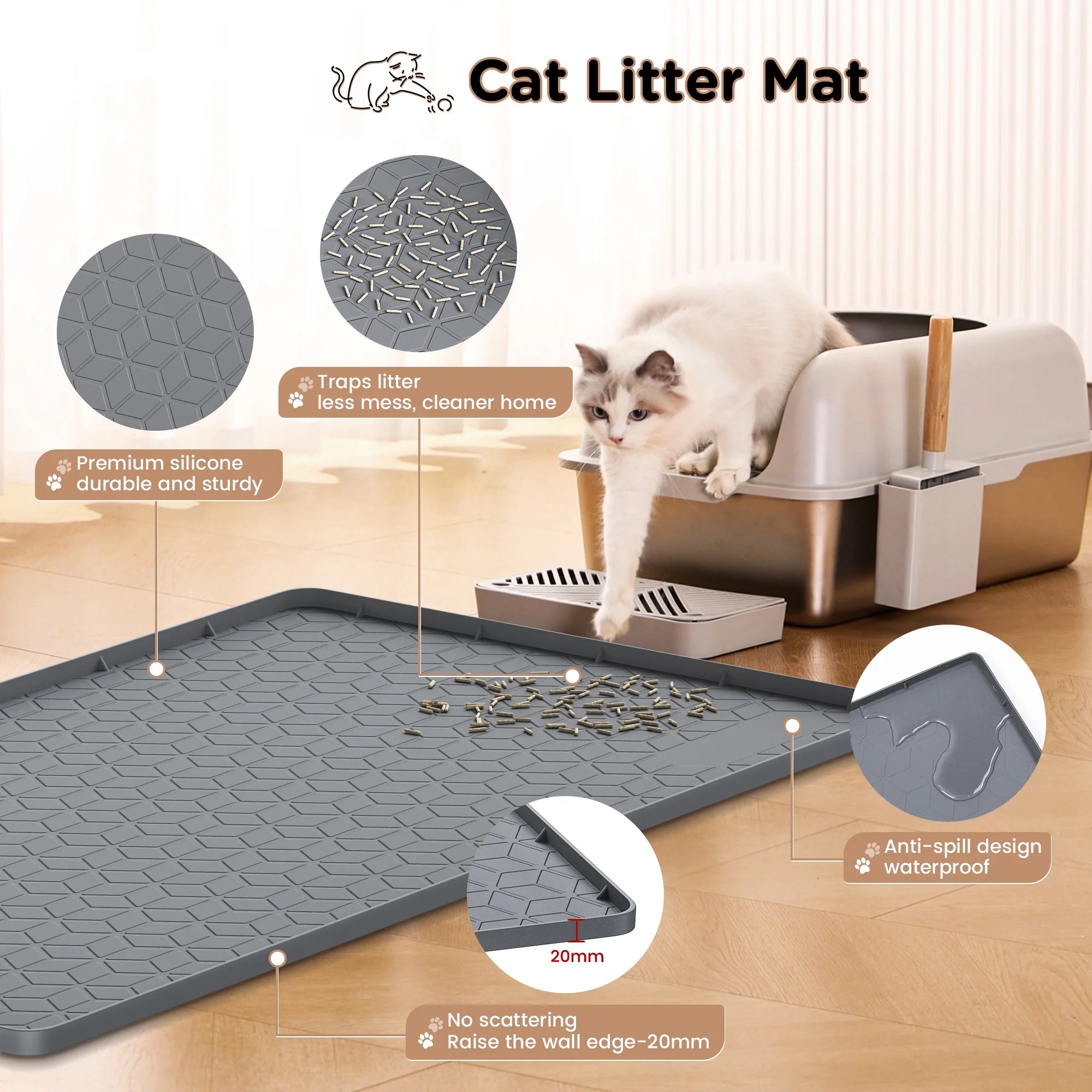 Cat Litter Mat Waterproof, 34" X 23" Non-Slip Silicone Large Cat Litter Mat, Cat Litter Box Mat for Litter Trapping, Easy to Store Kitty Litter Mat, Dark Gray