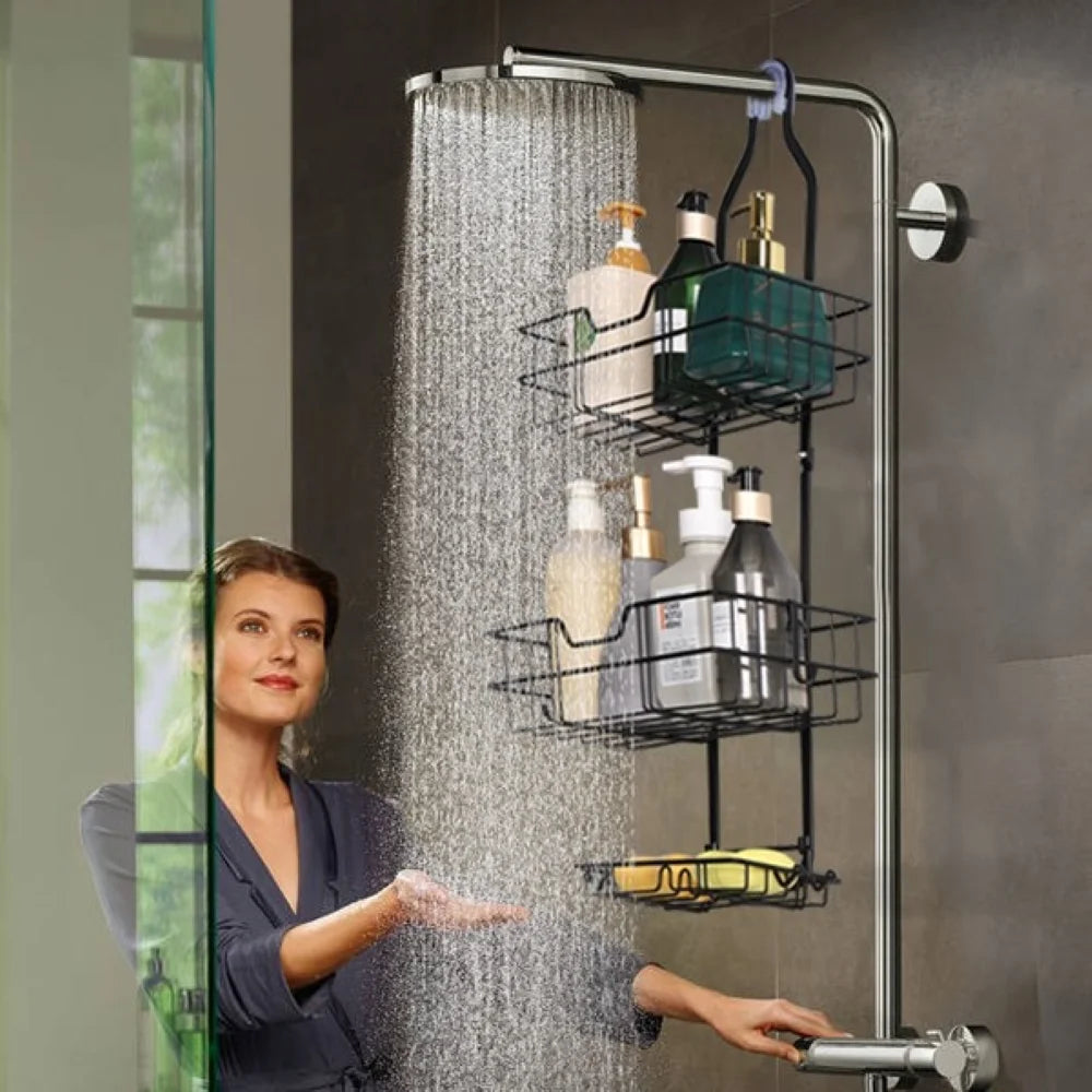 Over Head Shower Organizer, 3 Shelves Hanging Shower Caddy with Hooks, Bathroom Storage Rack for Razor Shampoo and Sponge, Rustproof, No Drilling, Black