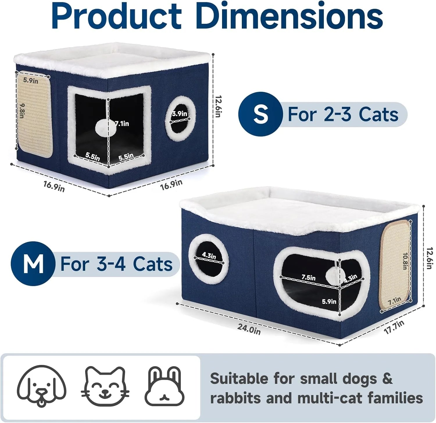 Cat Beds for Indoor Cats, Extra Wide Large Cat House for Pet Cat Cave with Scratch Pad and Fluffy Hanging Ball,Foldable Cat Cube Hideaway,Blue