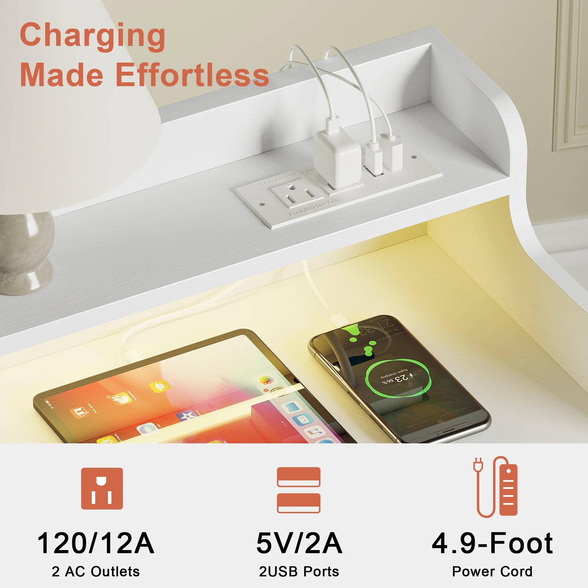 3 Drawers Nightstand with Charging Station, Bedside Table with LED Light, Modern End Side Table for Bedroom Living Room，White