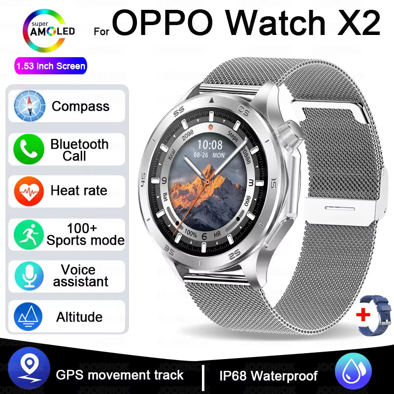 OPPO New Watch X2 Bluetooth Call Smart Watch Men GPS Sports Fitness Heart Rate AI Voice Assistant Smartwatches Android IOS