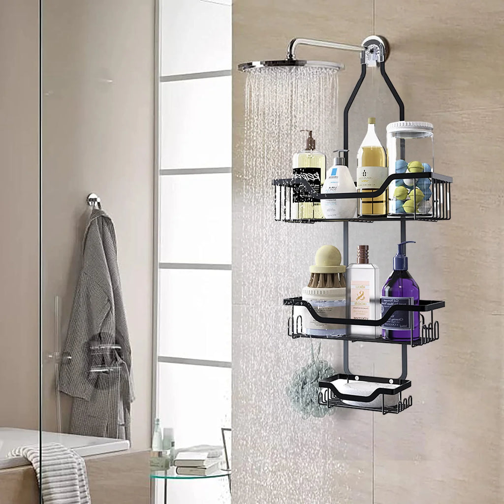 Anti-Swing Hanging Shower Caddy, over Head Shower Organizer Rustproof with Hooks for Towels, Sponge and More, Stainless Steel Black
