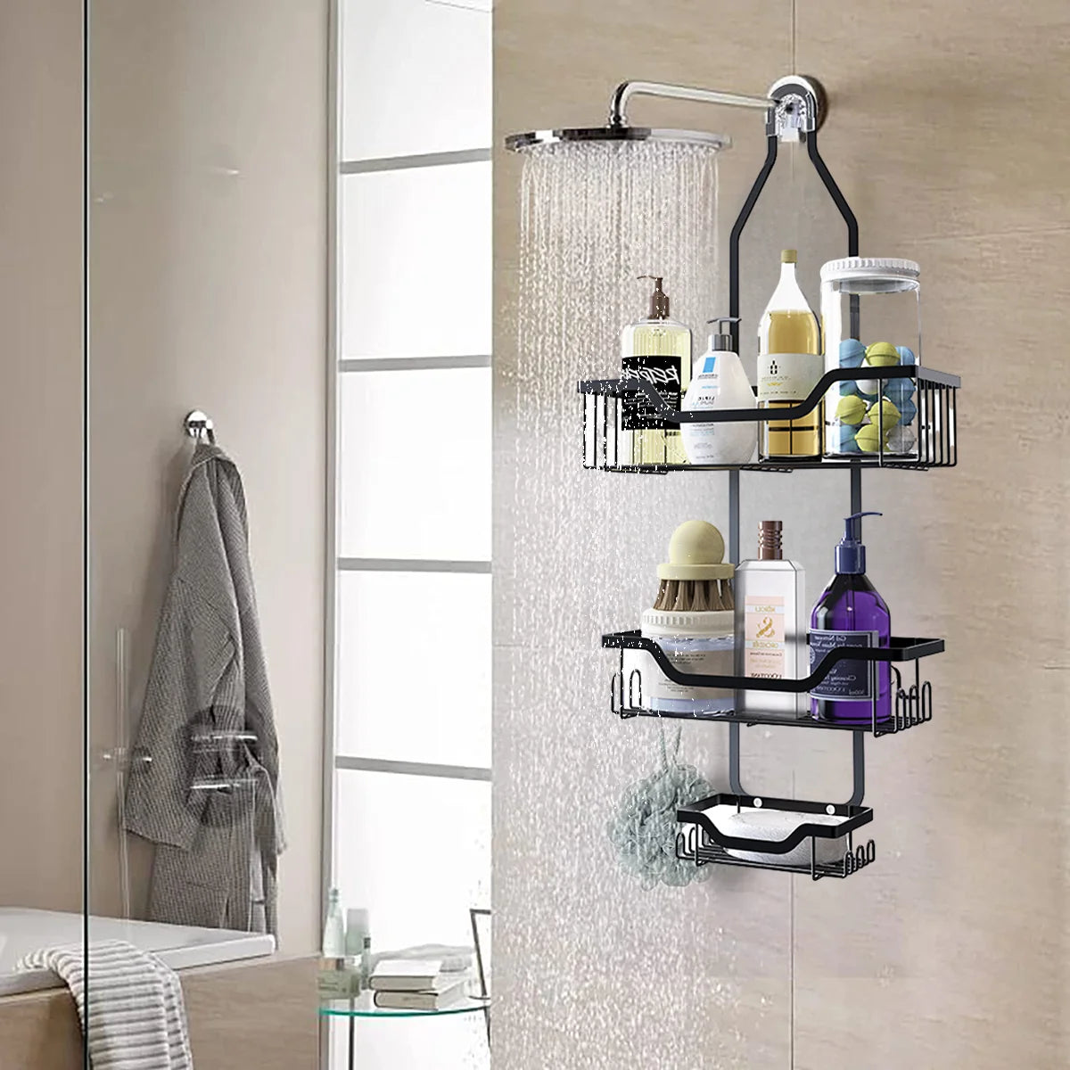 Anti-Swing Hanging Shower Caddy, over Head Shower Organizer Rustproof with Hooks for Towels, Sponge and More, Stainless Steel Black