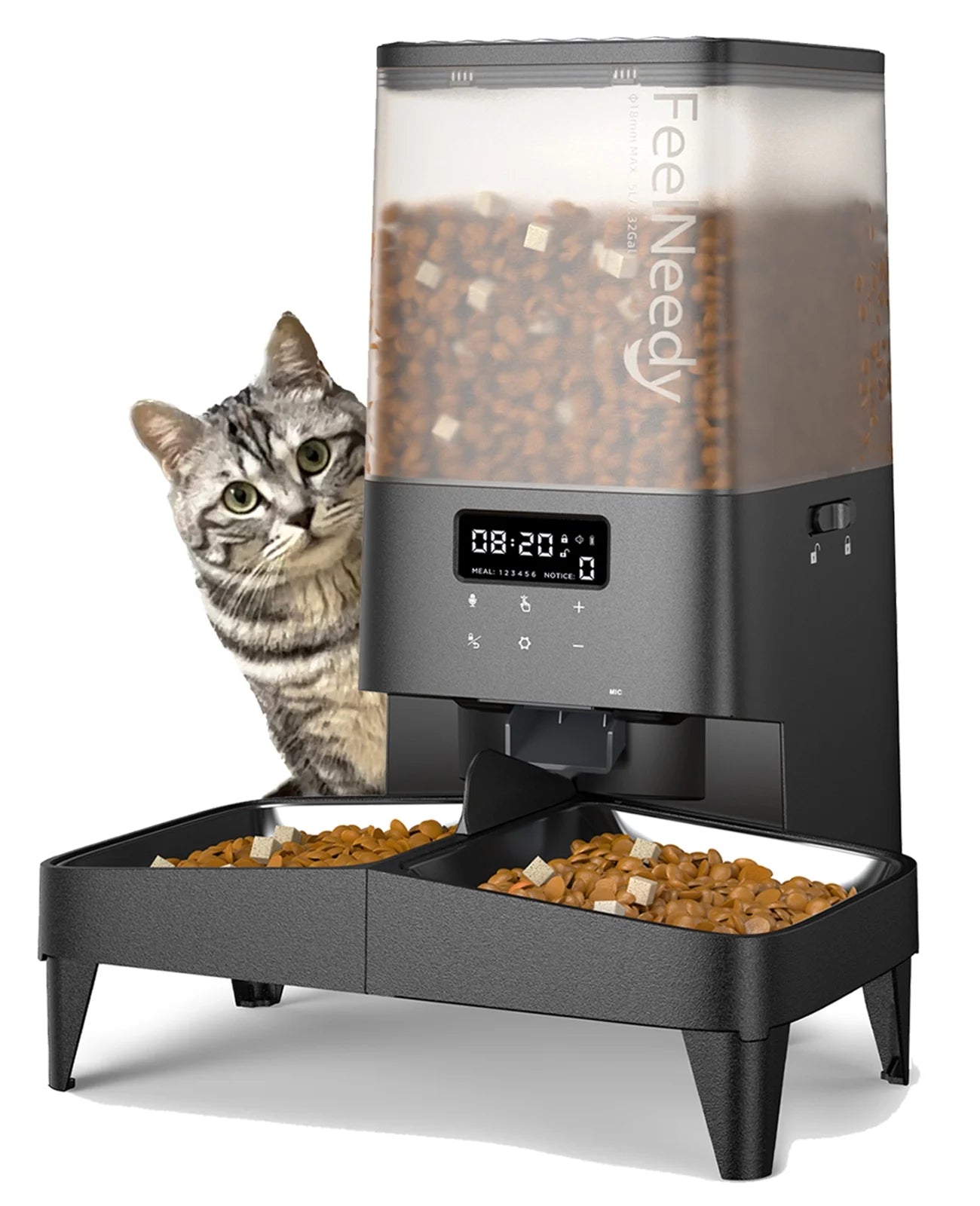 Automatic Cat Feeder, 5L Timed Pet Food Dispenser, Elevated Cat Dog Feeder with 2 Stainless Steel Bowls, Black