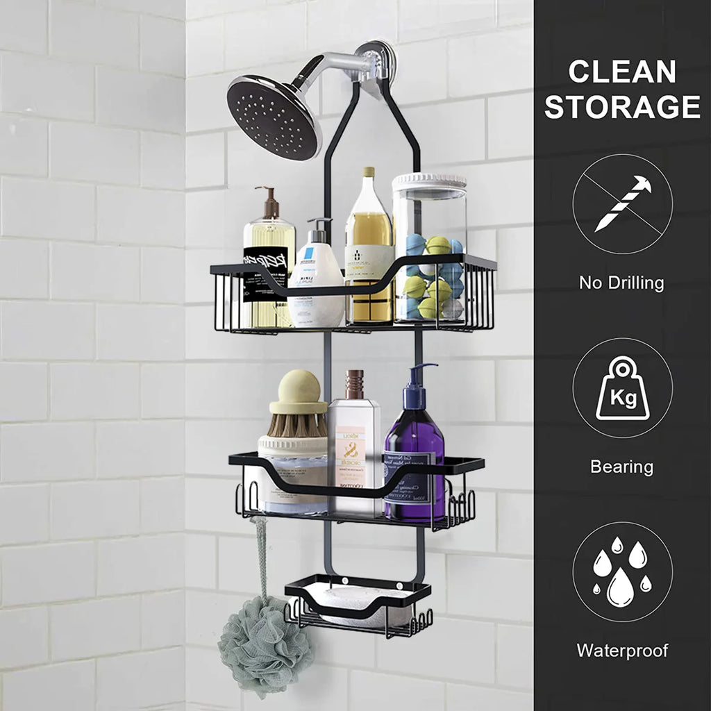 Anti-Swing Hanging Shower Caddy, over Head Shower Organizer Rustproof with Hooks for Towels, Sponge and More, Stainless Steel Black