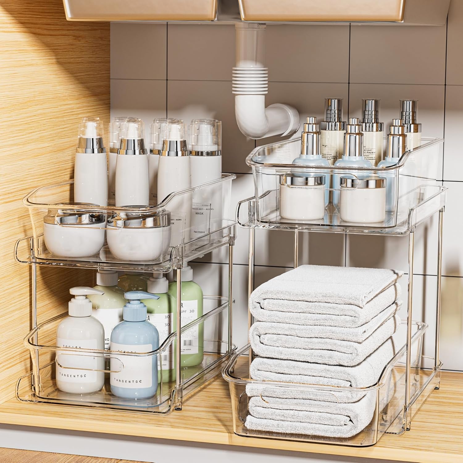 2-Tier under Sink Organizers and Storage, Multi-Purpose Stackable Bathroom Cabinet Organizers, Pull Out Kitchen Pantry Organization and Storage with Dividers(2 Pack, Clear)