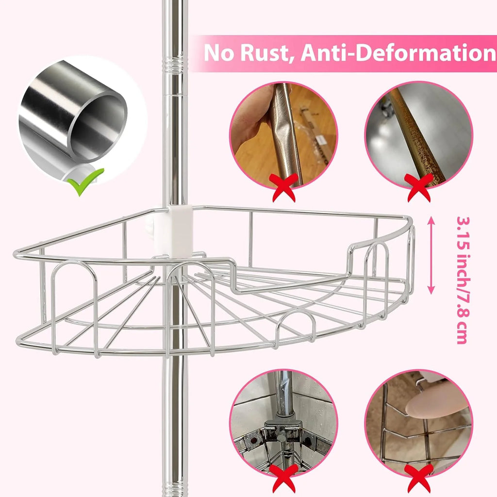 Shower Organizer Caddy 39-125" Stainless Steel Shower Shelves Rack for inside Shower Bathroom Bathtub Caddy Rustproof Tension Pole Silver