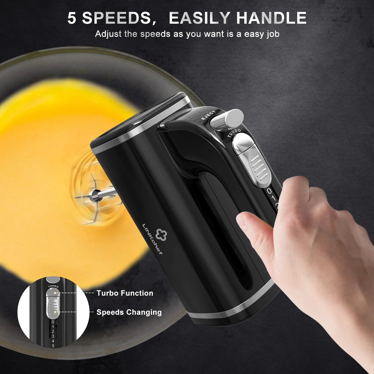 Hand Mixer, 450W Turbo Electric Handheld Mixer, 5 Speed Electric Mixers for Kitchen (Black)