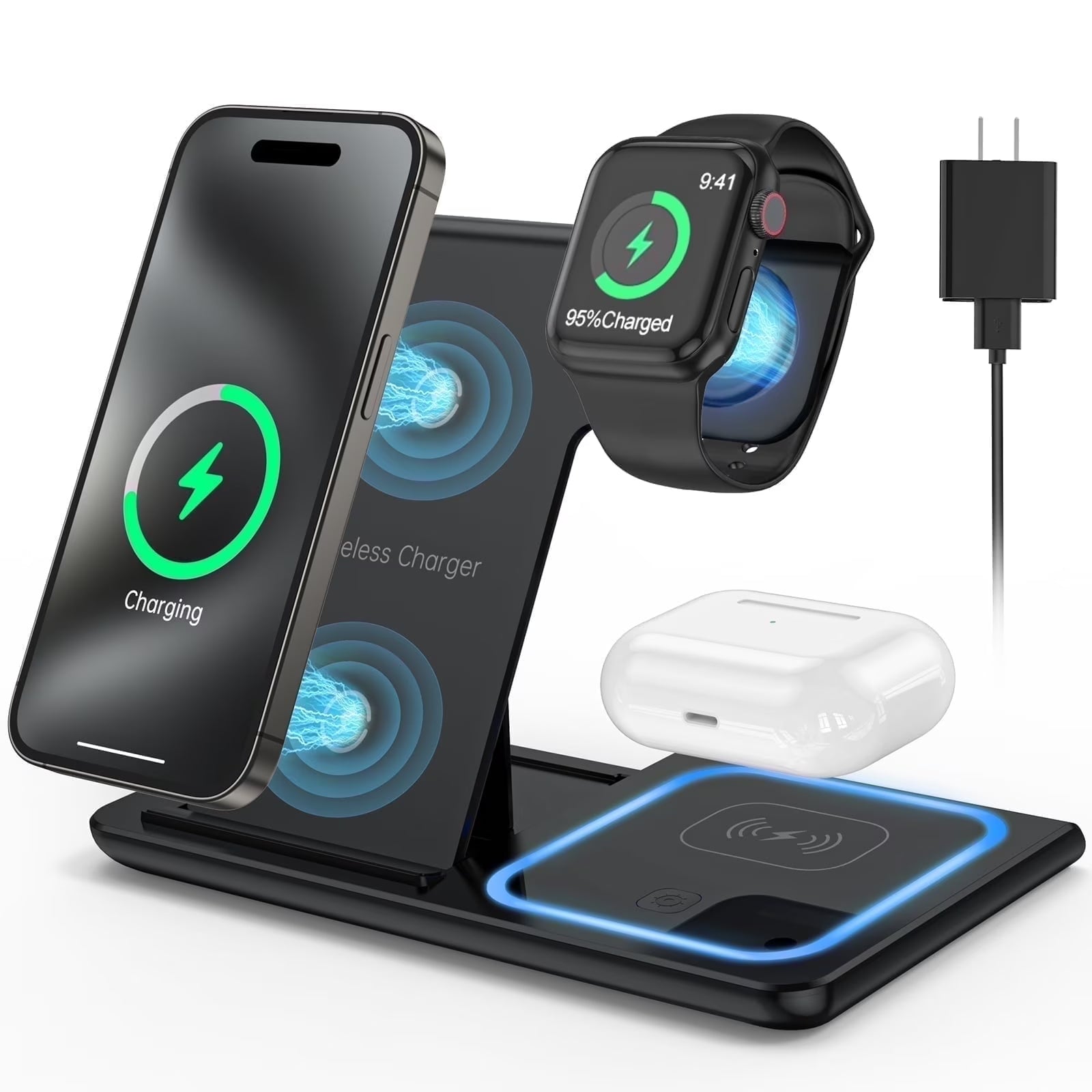 Wireless Charger, 18W Fast Iphone Charging Station Compatible for Iphone 17/16/15/14/13/12/11/Pro Max/Plus, 3 in 1 Wireless Charger Stand for Iwatch SE 11/10/9/8/7/6/5/4, Airpods Pro 2/3/4