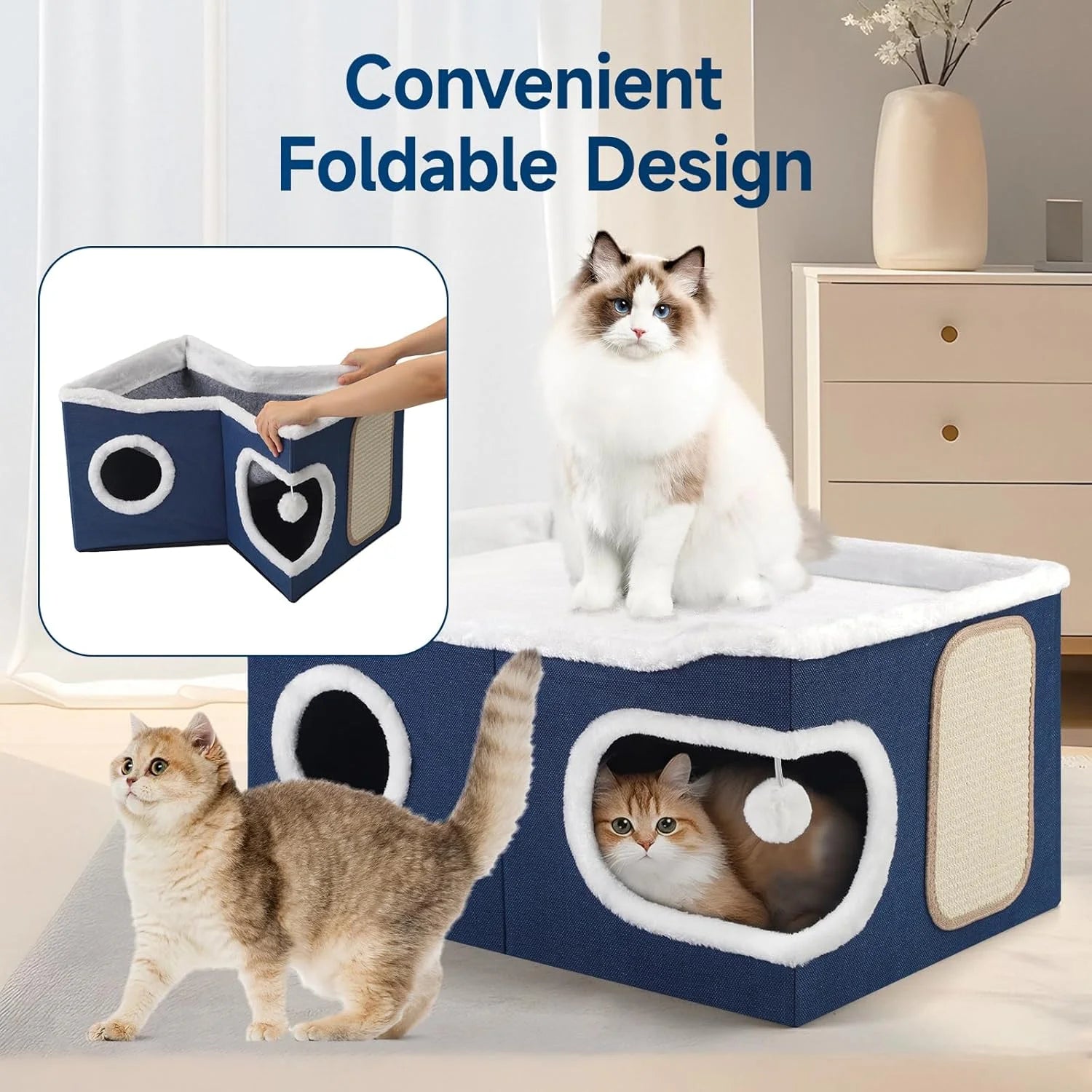 Cat Beds for Indoor Cats, Extra Wide Large Cat House for Pet Cat Cave with Scratch Pad and Fluffy Hanging Ball,Foldable Cat Cube Hideaway,Blue