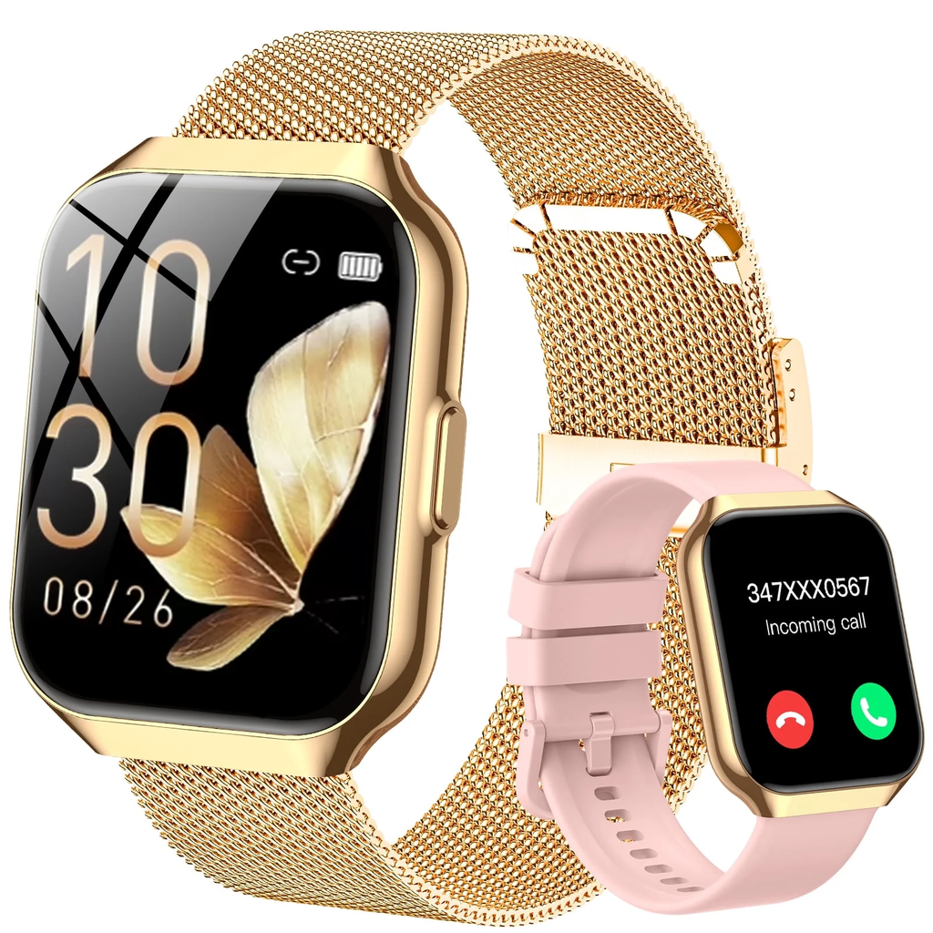 Smart Watch for Women 1.96'' Fitness Tracker Gold Smart Watches for Women Digital Watches 120 Sports Mode Make/Answer Call Waterproof Running Smartwatch Fits for Android Iphone 2 Straps