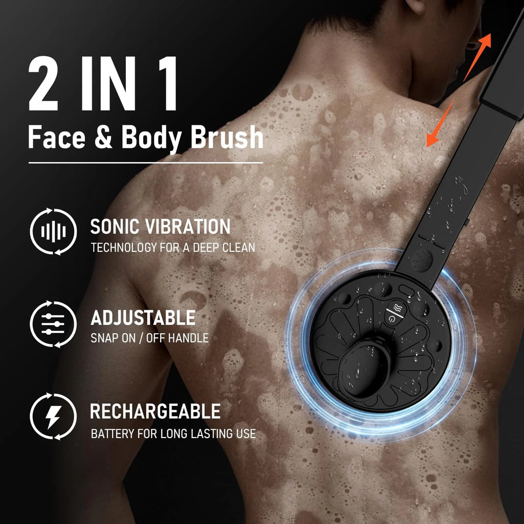 Upgraded Electric Body Scrubber, Sonic Scrubber Pro - Water Resistant, 4 Settings, 2 Speeds & 2 Modes, Massage Brush with Charcoal Infused Silicone Bristles for Deep Clean