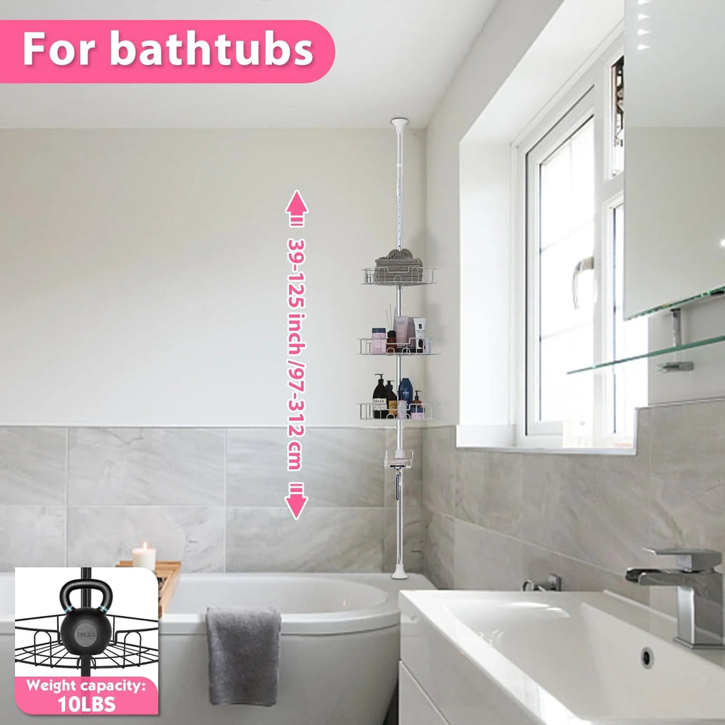 Shower Organizer Caddy 39-125" Stainless Steel Shower Shelves Rack for inside Shower Bathroom Bathtub Caddy Rustproof Tension Pole Silver