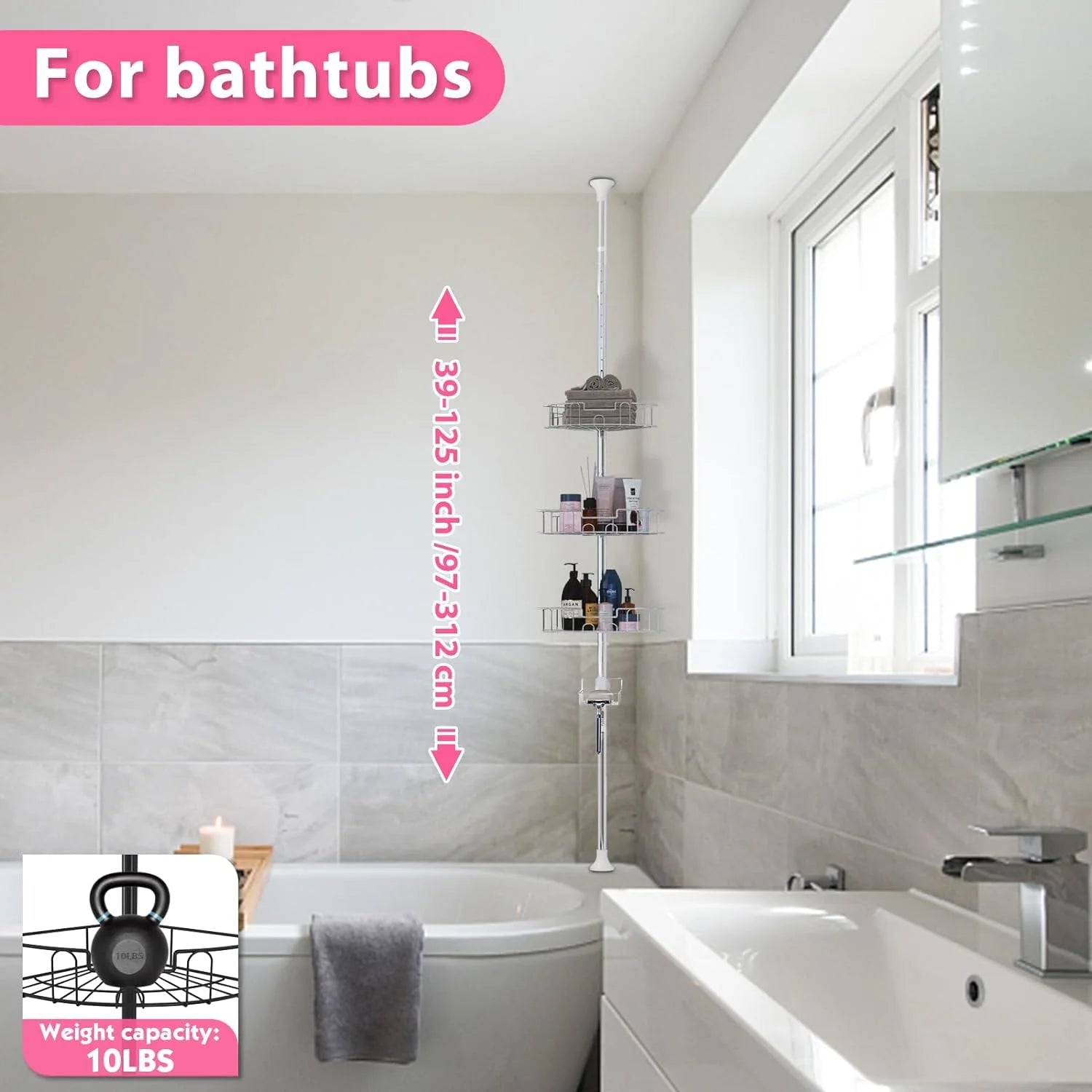 Shower Organizer Caddy 39-125" Stainless Steel Shower Shelves Rack for inside Shower Bathroom Bathtub Caddy Rustproof Tension Pole Silver