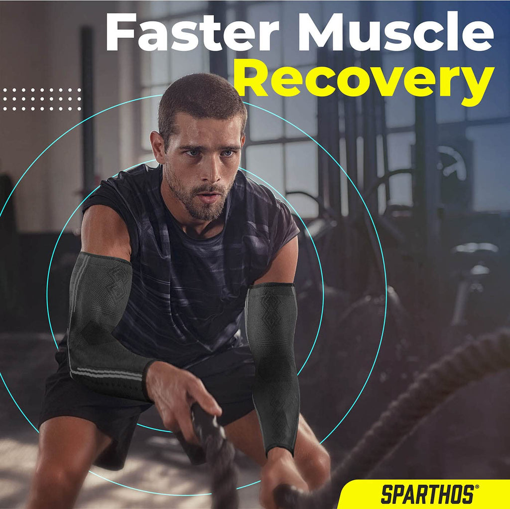 Arm Compression Sleeves - Forearm Brace for Recovery, Support for Athletic Sports Running Tennis Baseball Football Gym Weight Lifting Wrist Brace Carpal Tunnel - Mens and Womens (Black-L)