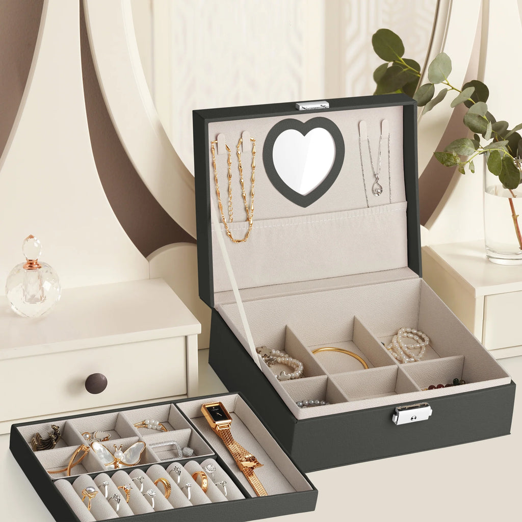 Portable Jewelry Box with Mirror for Women Girls Double Layer Display Storage Organizer Earrings Ring Necklace Watches Bracelets（Black）