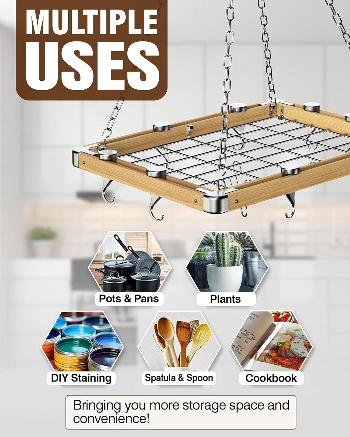 Ceiling Mounted Wooden Pot Rack with Metal Grate, Movable Tracks Type Hanging Pot Rack with Solid Cast Aluminum Swivel and Fixed Hooks Suitable for Heavy Duty Cookware, 24X18-Inch