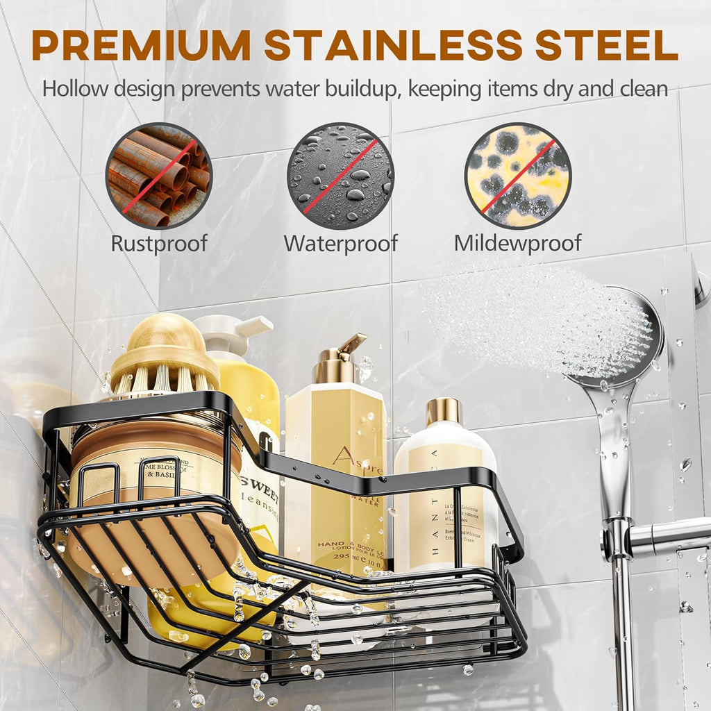 3 Pack Corner Shower Caddy with Soap Holder, Large Capacity Sturdy Easy Install No Drilling Stainless Steel Hold 40 LBS Shower Organizer Shelves Rack Storage for Family Renters Bathroom, Black