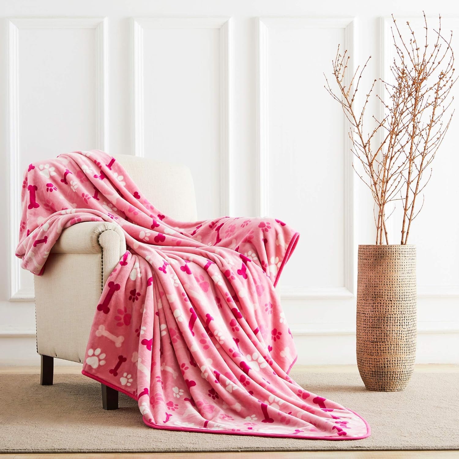 Luxurious Dog Blanket, 350 GSM Super Fuzzy Microplush Fleece Pet Blankets for Small Medium Large Dogs and Cats, Pink Paw and Bone, 40" X 32"