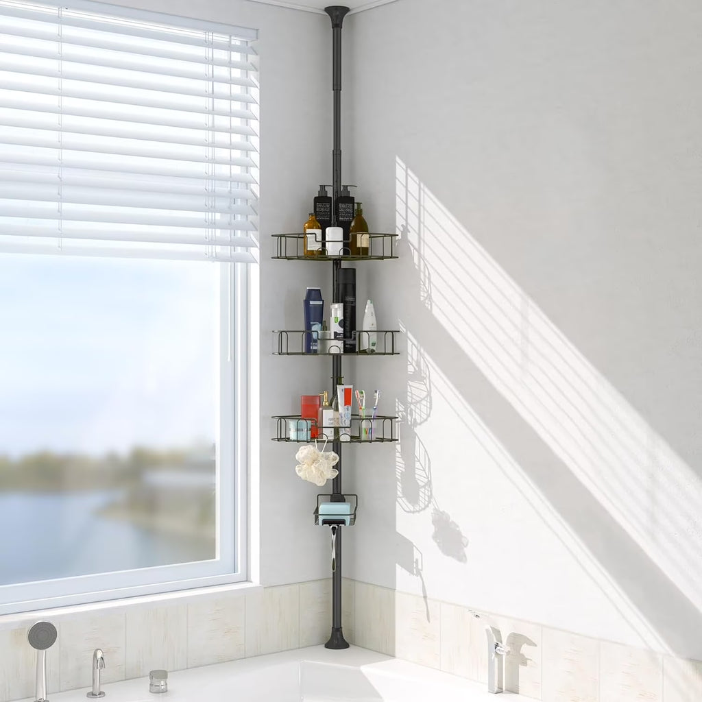 Shower Organizer Caddy 39-125" Stainless Steel Shower Shelves Rack for inside Shower Bathroom Bathtub Caddy Rustproof Tension Pole Black