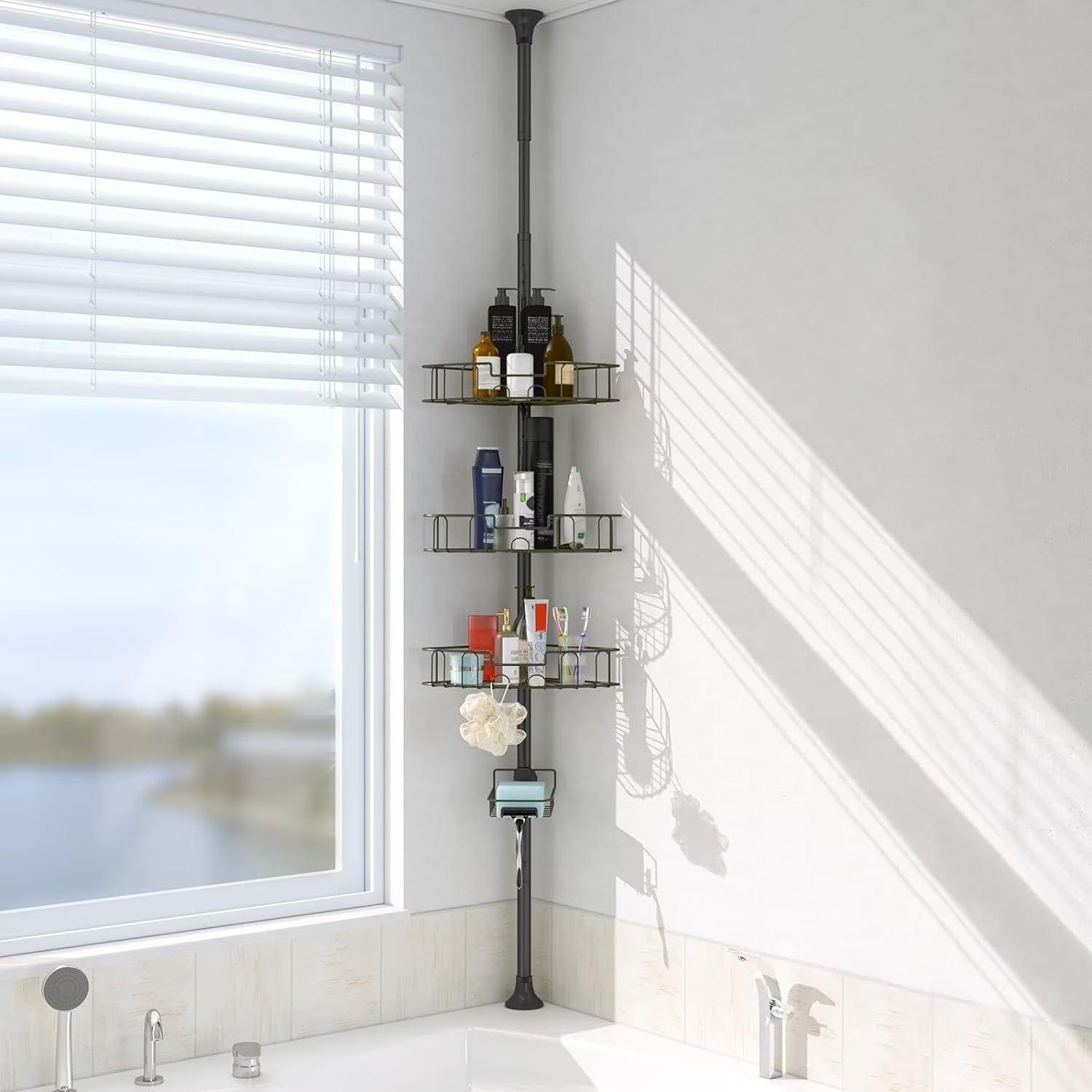 Shower Organizer Caddy 39-125" Stainless Steel Shower Shelves Rack for inside Shower Bathroom Bathtub Caddy Rustproof Tension Pole Black