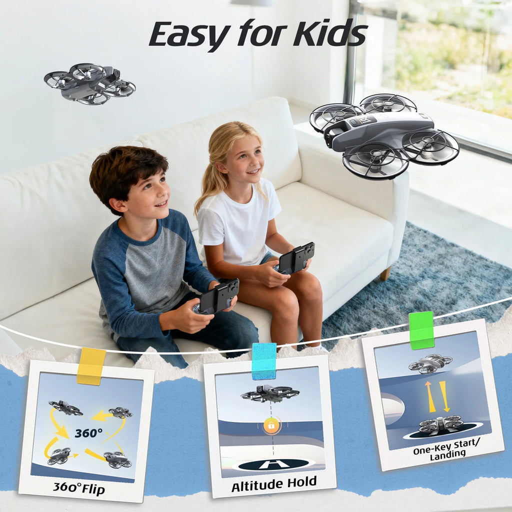 M2 Drone with HD Camera for Kids, One-Key Takeoff and Landing, 360° Flip, Headless Mode, Optical Flow Hover, Brushless Motor, 2 Batteries, Gray
