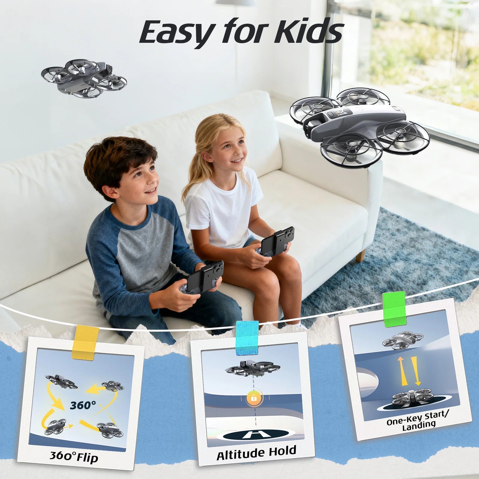 M2 Drone with HD Camera for Kids, One-Key Takeoff and Landing, 360° Flip, Headless Mode, Optical Flow Hover, Brushless Motor, 2 Batteries, Gray