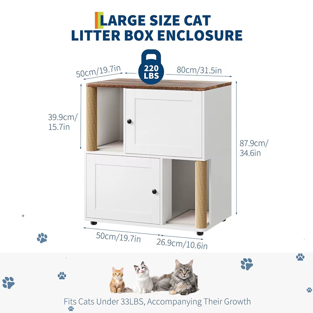 31.5'' 2 Tiered Cat Litter Box Enclosure Double Litterbox Furniture with Scratch Posts & Litter Mats Wood Cat Washroom